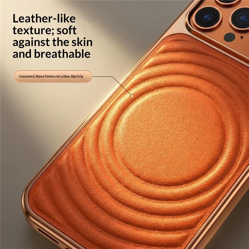 For iPhone 17 Pro Magnetic Case 3D Ripple Texture Leather Coated PC + TPU Electroplated Phone Cover - Orange