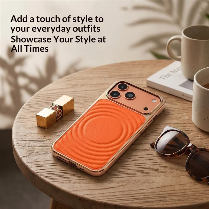 For iPhone 17 Pro Magnetic Case 3D Ripple Texture Leather Coated PC + TPU Electroplated Phone Cover - Orange