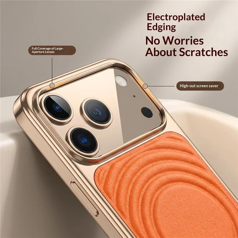 For iPhone 17 Pro Magnetic Case 3D Ripple Texture Leather Coated PC + TPU Electroplated Phone Cover - Orange