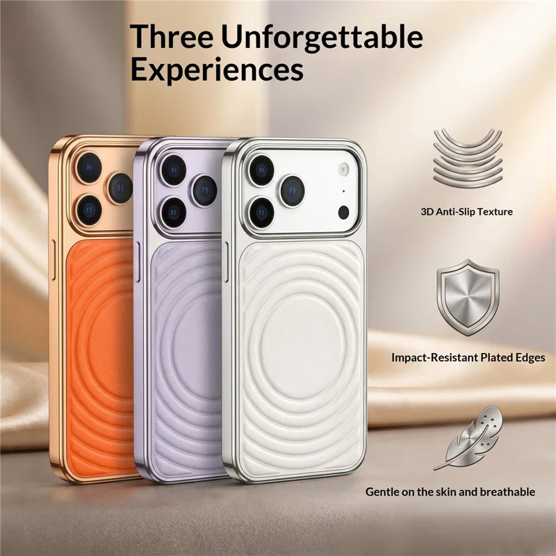 For iPhone 17 Pro Magnetic Case 3D Ripple Texture Leather Coated PC + TPU Electroplated Phone Cover - Orange
