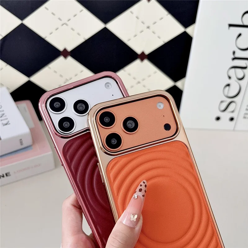 For iPhone 17 Pro Magnetic Case 3D Ripple Texture Leather Coated PC + TPU Electroplated Phone Cover - Orange