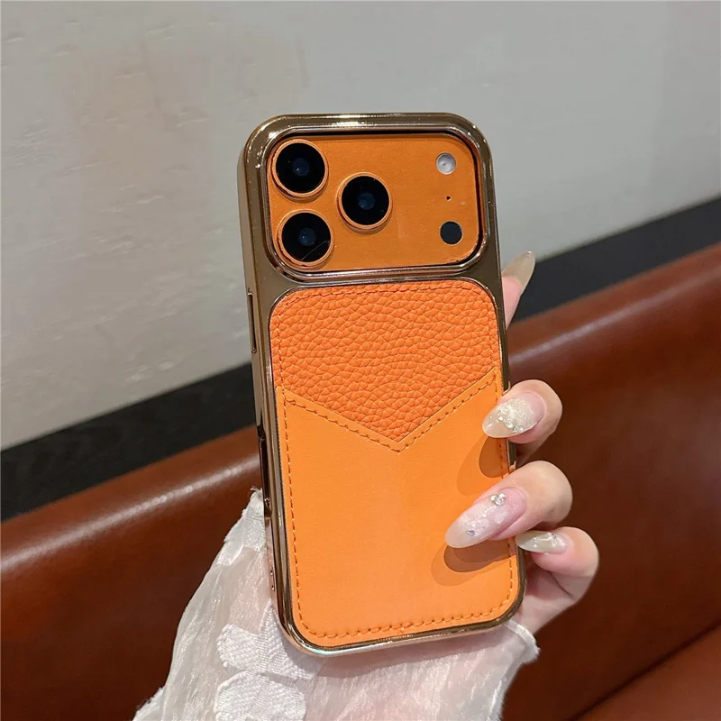 For iPhone 17 Pro Case Leather Coated PC + TPU Anti-Fingerprint Protective Cover with V-Shaped Card Slot - Orange