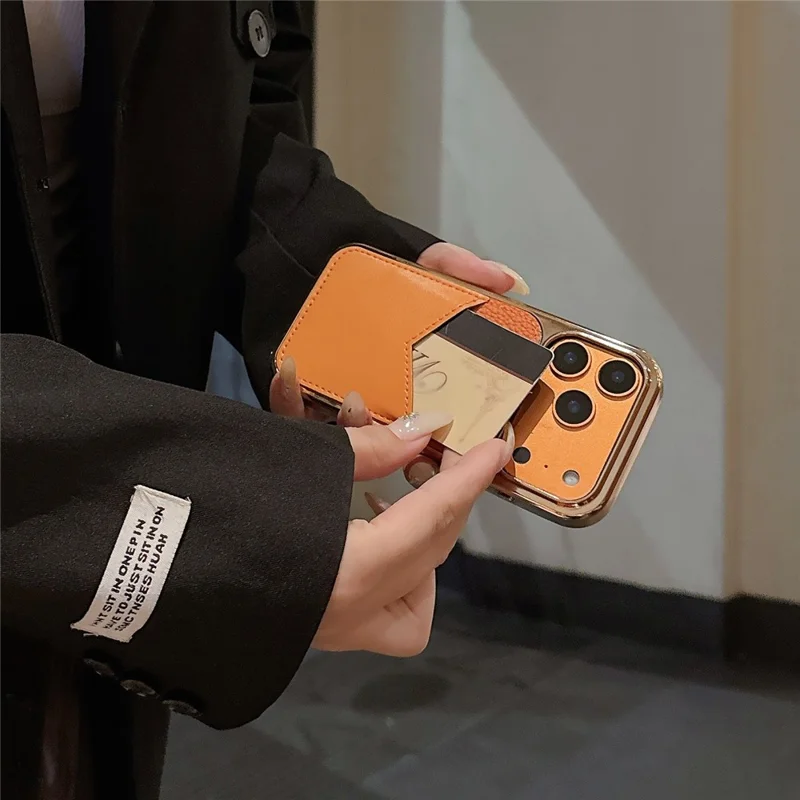 For iPhone 17 Pro Case Leather Coated PC + TPU Anti-Fingerprint Protective Cover with V-Shaped Card Slot - Orange