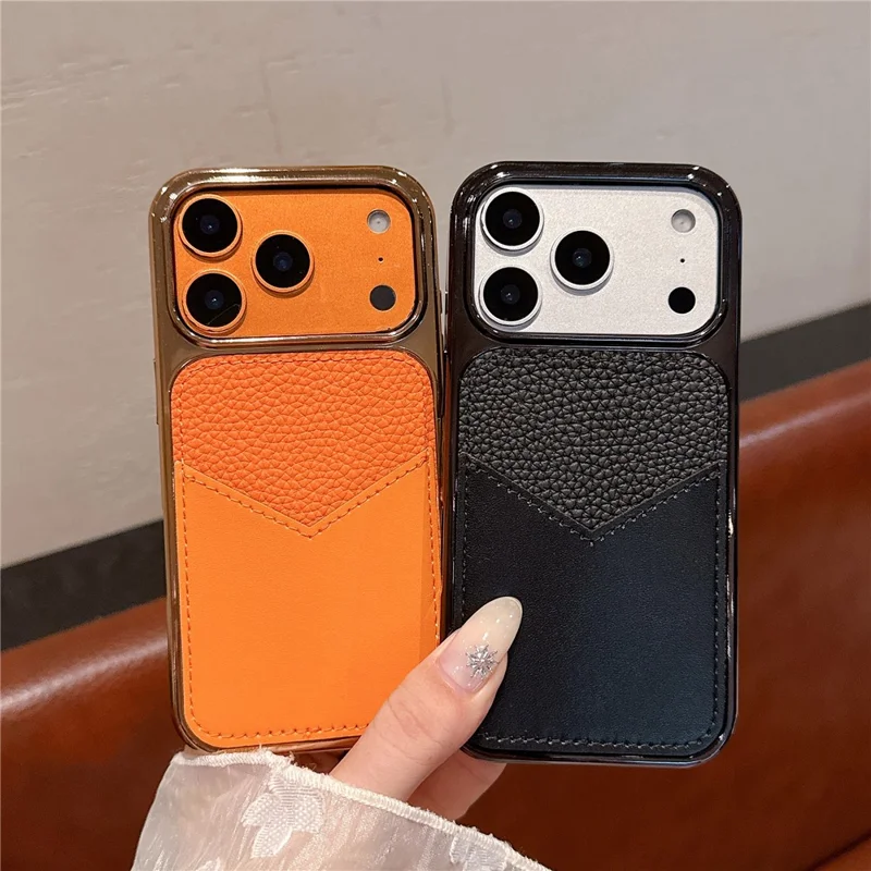 For iPhone 17 Pro Case Leather Coated PC + TPU Anti-Fingerprint Protective Cover with V-Shaped Card Slot - Orange