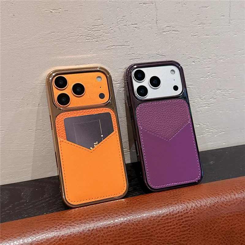 For iPhone 17 Pro Case Leather Coated PC + TPU Anti-Fingerprint Protective Cover with V-Shaped Card Slot - Orange