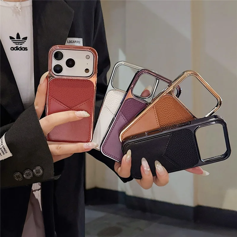 For iPhone 17 Pro Case Leather Coated PC + TPU Anti-Fingerprint Protective Cover with V-Shaped Card Slot - Orange
