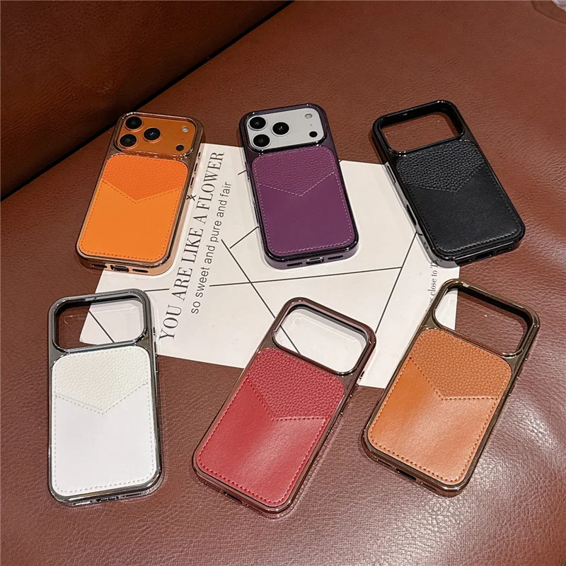 For iPhone 17 Pro Case Leather Coated PC + TPU Anti-Fingerprint Protective Cover with V-Shaped Card Slot - Orange