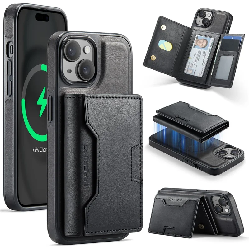 MAGKING K4 Series For iPhone 15 Plus Magnetic Case Detachable Wallet PU TPU PC Phone Cover - Black