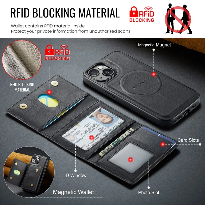 MAGKING K4 Series For iPhone 15 Plus Magnetic Case Detachable Wallet PU TPU PC Phone Cover - Black
