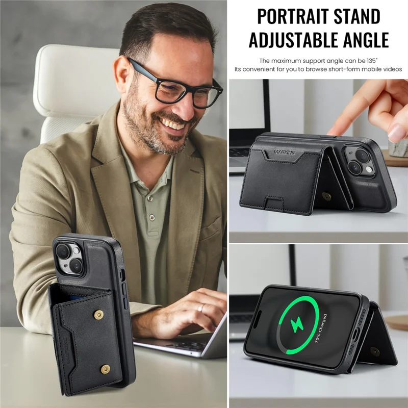 MAGKING K4 Series For iPhone 15 Plus Magnetic Case Detachable Wallet PU TPU PC Phone Cover - Black