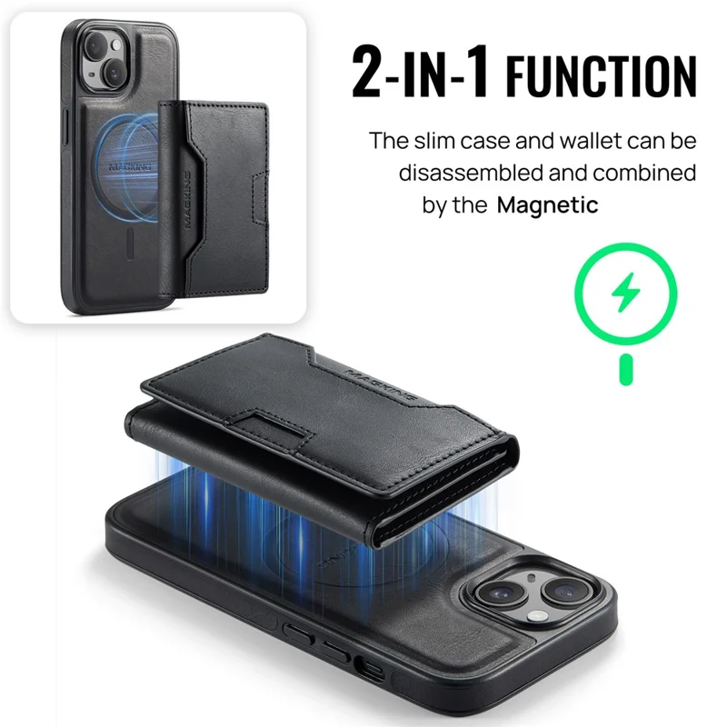 MAGKING K4 Series For iPhone 15 Plus Magnetic Case Detachable Wallet PU TPU PC Phone Cover - Black