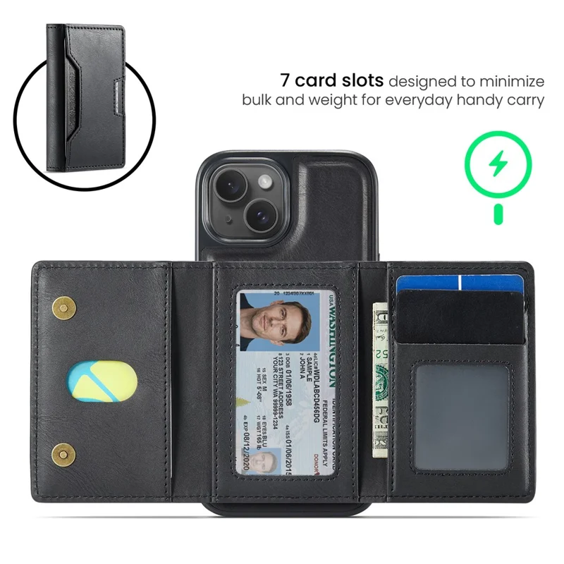 MAGKING K4 Series For iPhone 15 Plus Magnetic Case Detachable Wallet PU TPU PC Phone Cover - Black