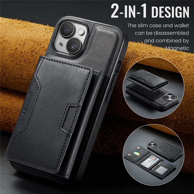 MAGKING K4 Series For iPhone 15 Plus Magnetic Case Detachable Wallet PU TPU PC Phone Cover - Black