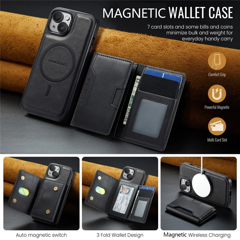 MAGKING K4 Series For iPhone 15 Plus Magnetic Case Detachable Wallet PU TPU PC Phone Cover - Black