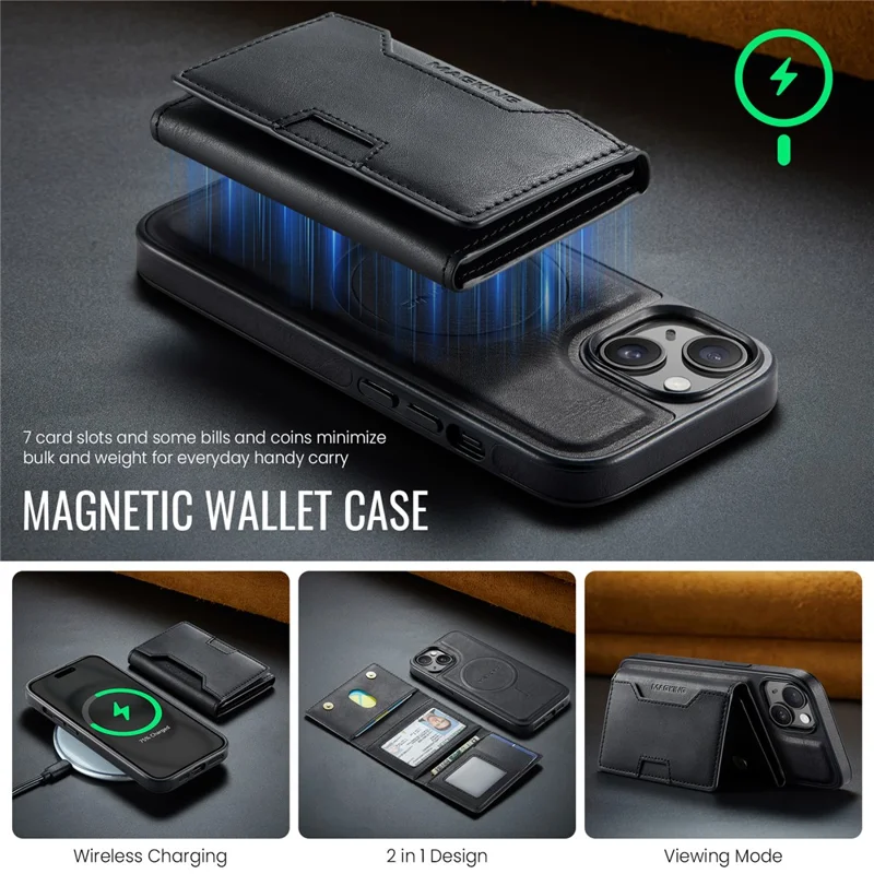 MAGKING K4 Series For iPhone 15 Plus Magnetic Case Detachable Wallet PU TPU PC Phone Cover - Black
