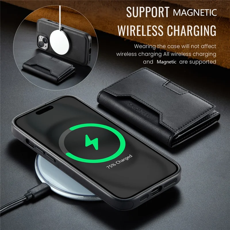 MAGKING K4 Series For iPhone 15 Plus Magnetic Case Detachable Wallet PU TPU PC Phone Cover - Black