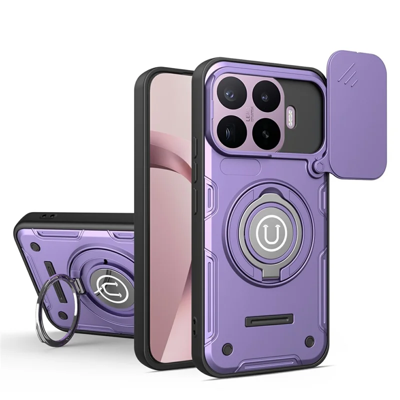 For Xiaomi 17T Pro Case with Slide Camera Cover Ring Kickstand PC + TPU Phone Shell - Purple