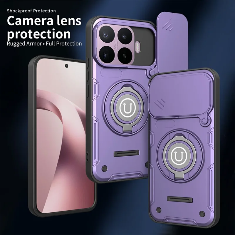 For Xiaomi 17T Pro Case with Slide Camera Cover Ring Kickstand PC + TPU Phone Shell - Purple