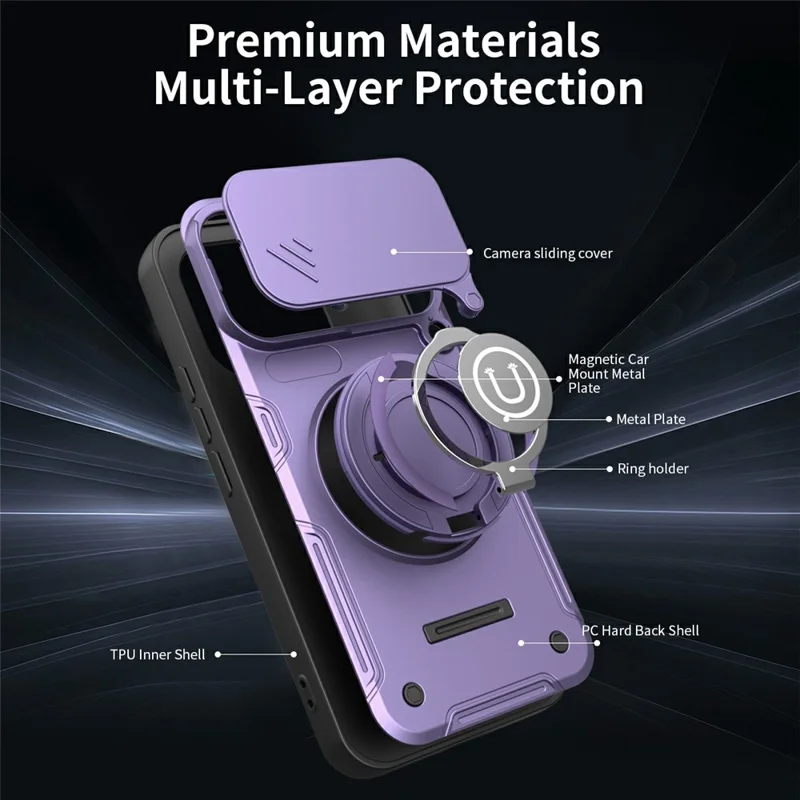 For Xiaomi 17T Pro Case with Slide Camera Cover Ring Kickstand PC + TPU Phone Shell - Purple