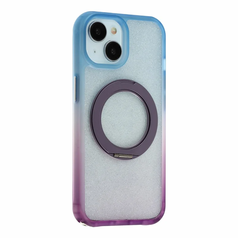 For iPhone 13  /  14  /  15 Case with 150cm Lanyard , Ring Kickstand Gradient Glitter PC + TPU Phone Cover - Blue  /  Purple