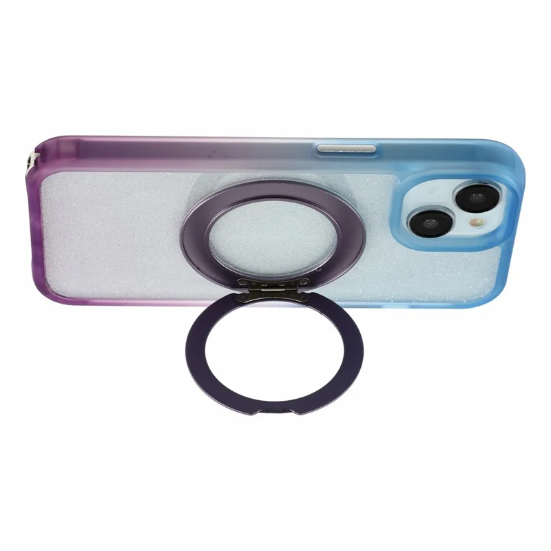 For iPhone 13  /  14  /  15 Case with 150cm Lanyard , Ring Kickstand Gradient Glitter PC + TPU Phone Cover - Blue  /  Purple