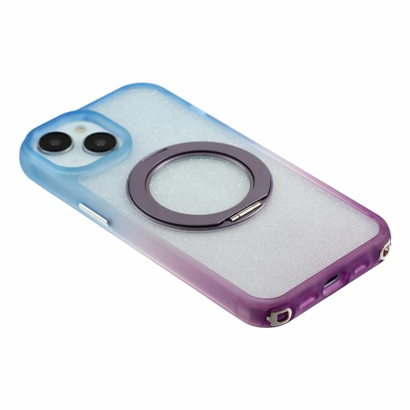 For iPhone 13  /  14  /  15 Case with 150cm Lanyard , Ring Kickstand Gradient Glitter PC + TPU Phone Cover - Blue  /  Purple