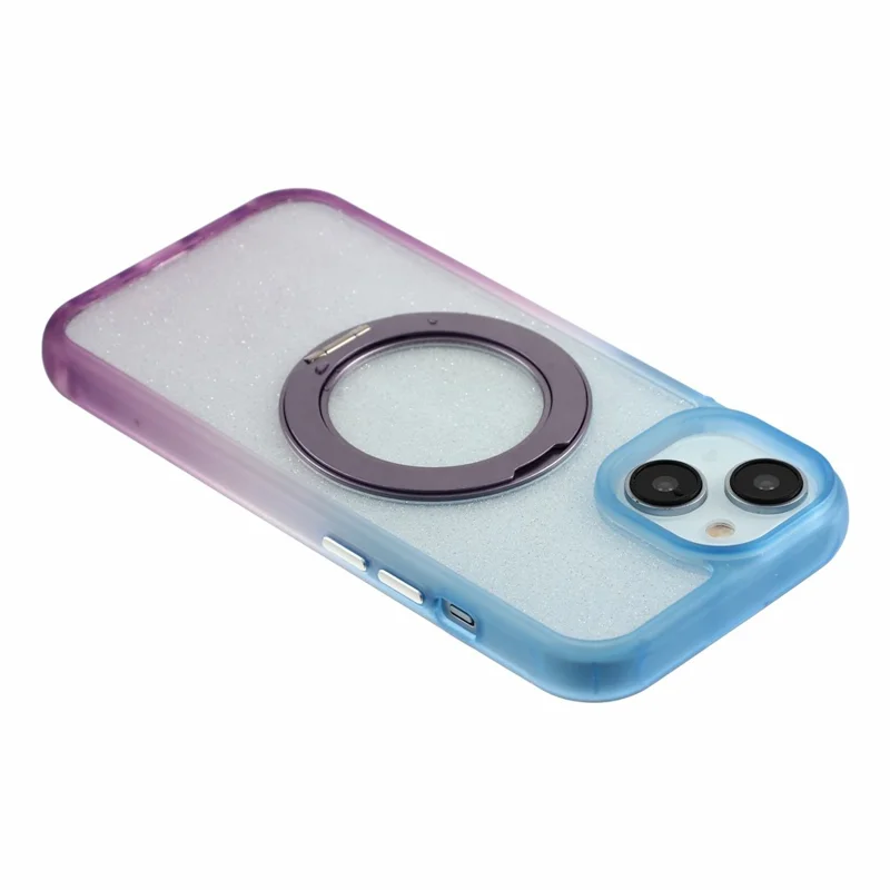 For iPhone 13  /  14  /  15 Case with 150cm Lanyard , Ring Kickstand Gradient Glitter PC + TPU Phone Cover - Blue  /  Purple