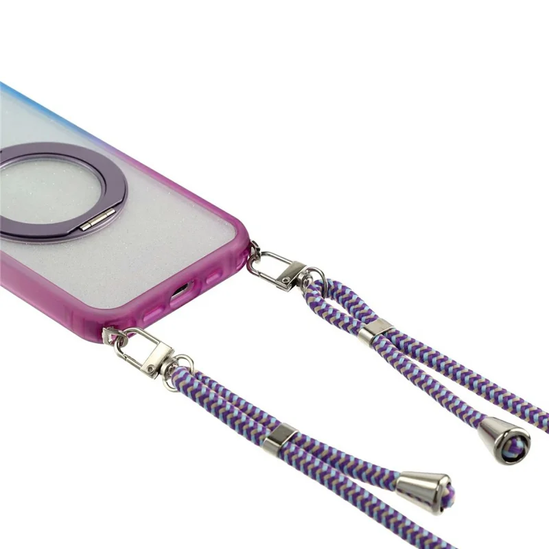 For iPhone 13  /  14  /  15 Case with 150cm Lanyard , Ring Kickstand Gradient Glitter PC + TPU Phone Cover - Blue  /  Purple