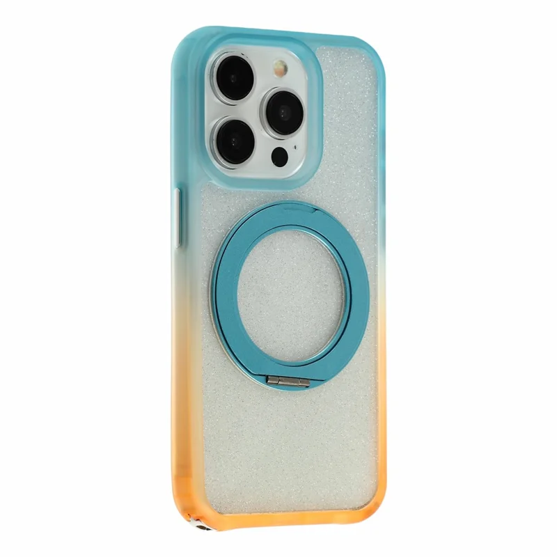 For iPhone 15 Pro Max Case with 150cm Lanyard , Ring Kickstand Gradient Glitter PC + TPU Phone Cover - Green  /  Orange