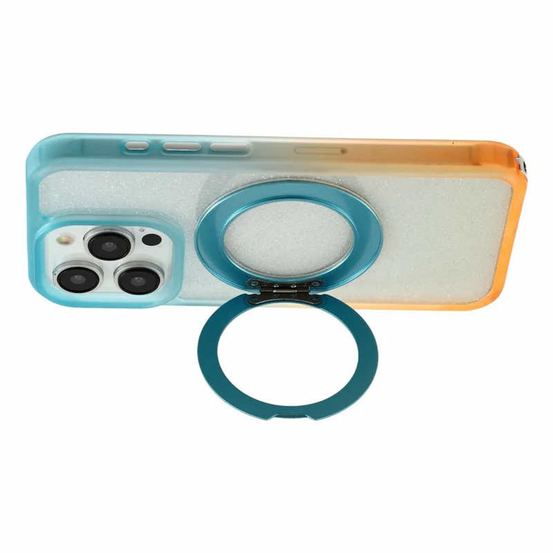 For iPhone 15 Pro Max Case with 150cm Lanyard , Ring Kickstand Gradient Glitter PC + TPU Phone Cover - Green  /  Orange