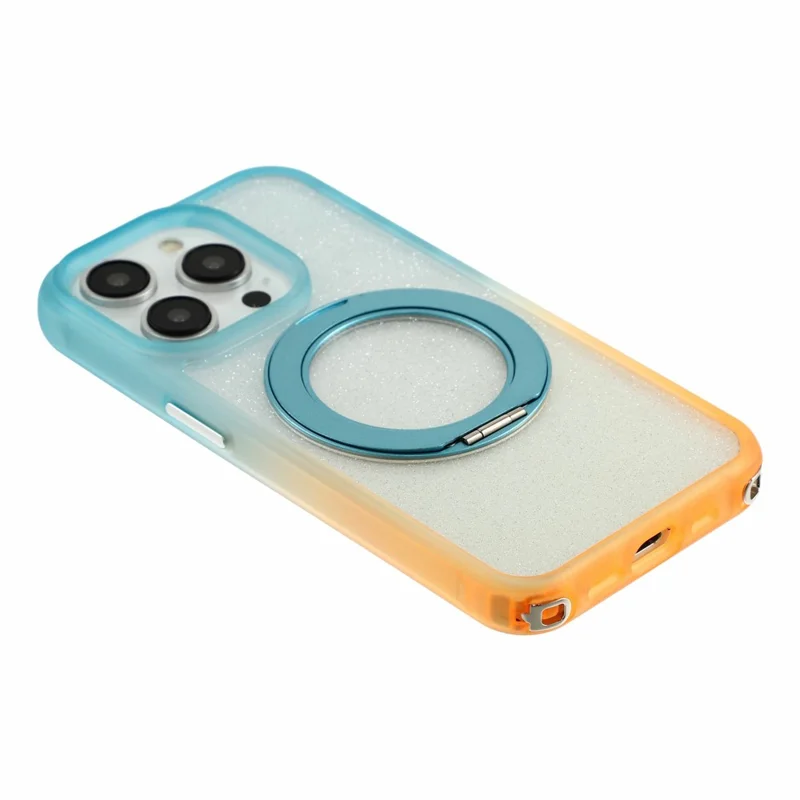 For iPhone 15 Pro Max Case with 150cm Lanyard , Ring Kickstand Gradient Glitter PC + TPU Phone Cover - Green  /  Orange