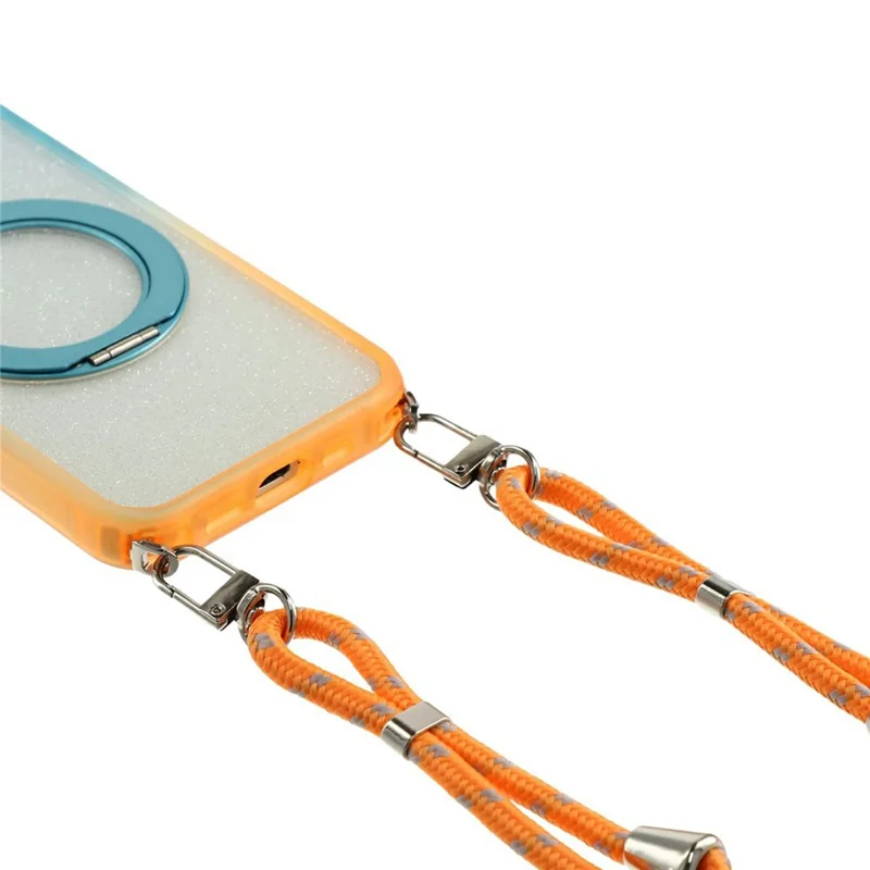 For iPhone 15 Pro Max Case with 150cm Lanyard , Ring Kickstand Gradient Glitter PC + TPU Phone Cover - Green  /  Orange