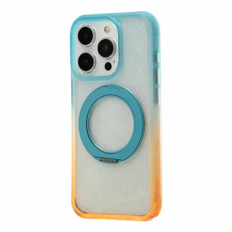 For iPhone 16 Pro Max Case with 150cm Lanyard , Ring Kickstand Gradient Glitter PC + TPU Phone Cover - Green  /  Orange