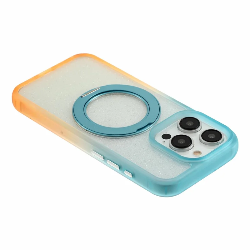 For iPhone 16 Pro Max Case with 150cm Lanyard , Ring Kickstand Gradient Glitter PC + TPU Phone Cover - Green  /  Orange