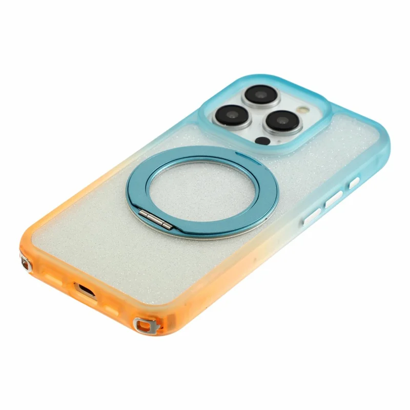 For iPhone 16 Pro Max Case with 150cm Lanyard , Ring Kickstand Gradient Glitter PC + TPU Phone Cover - Green  /  Orange