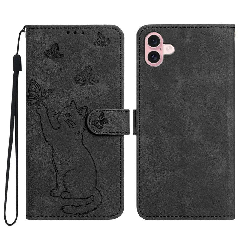 For iPhone 16 Wallet Case Imprinted Cat Butterfly Leather Phone Cover with Wrist Strap - Black