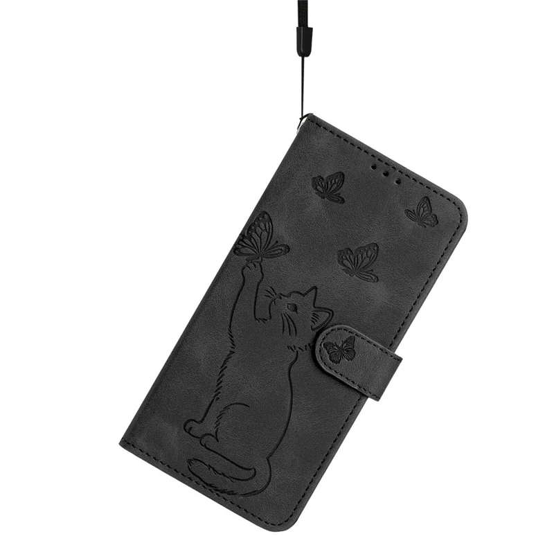 For iPhone 16 Wallet Case Imprinted Cat Butterfly Leather Phone Cover with Wrist Strap - Black