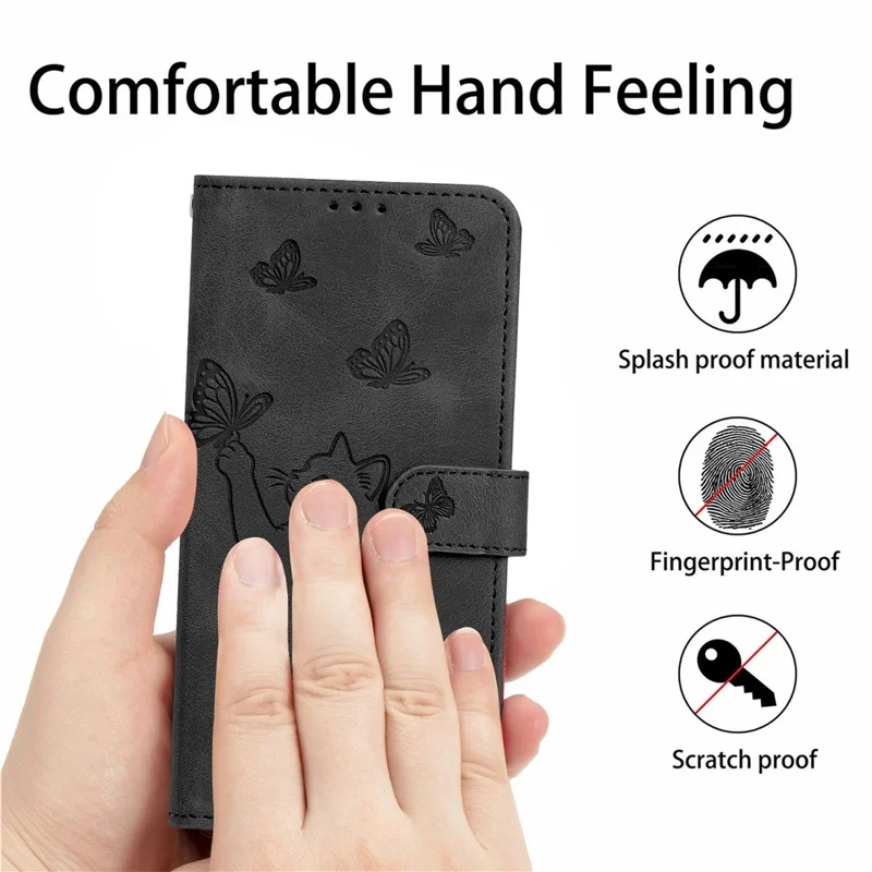 For iPhone 16 Wallet Case Imprinted Cat Butterfly Leather Phone Cover with Wrist Strap - Black