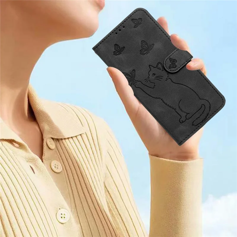 For iPhone 16 Wallet Case Imprinted Cat Butterfly Leather Phone Cover with Wrist Strap - Black