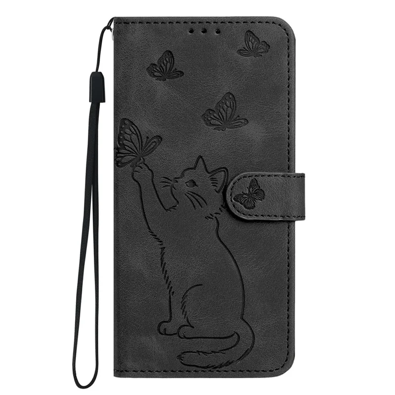 For iPhone 16 Wallet Case Imprinted Cat Butterfly Leather Phone Cover with Wrist Strap - Black