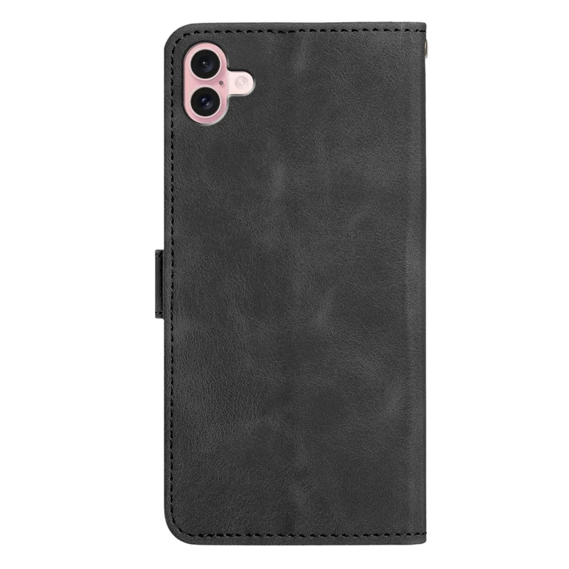 For iPhone 16 Wallet Case Imprinted Cat Butterfly Leather Phone Cover with Wrist Strap - Black