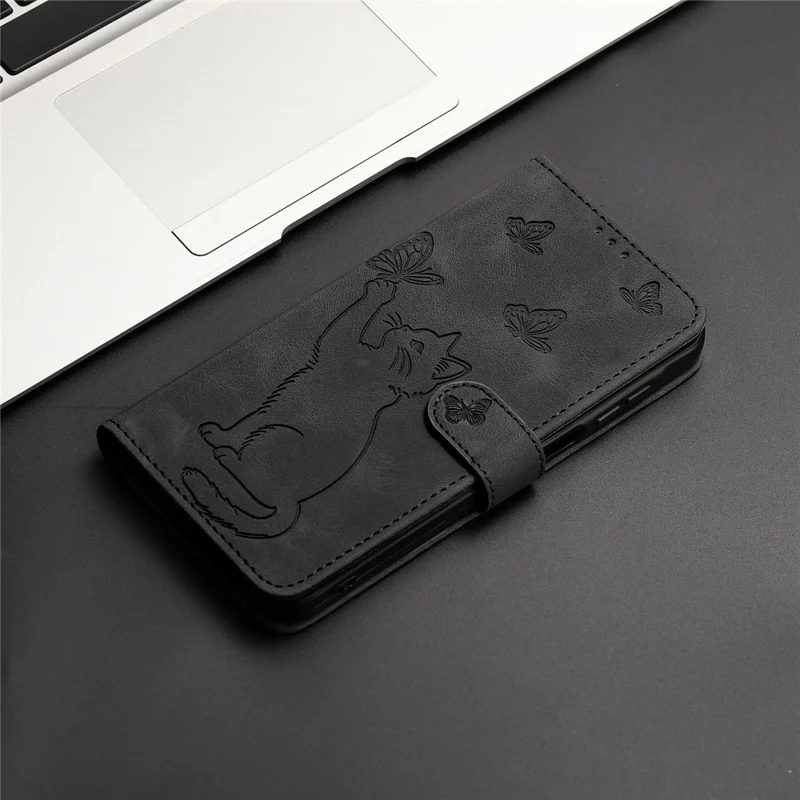 For iPhone 16 Wallet Case Imprinted Cat Butterfly Leather Phone Cover with Wrist Strap - Black