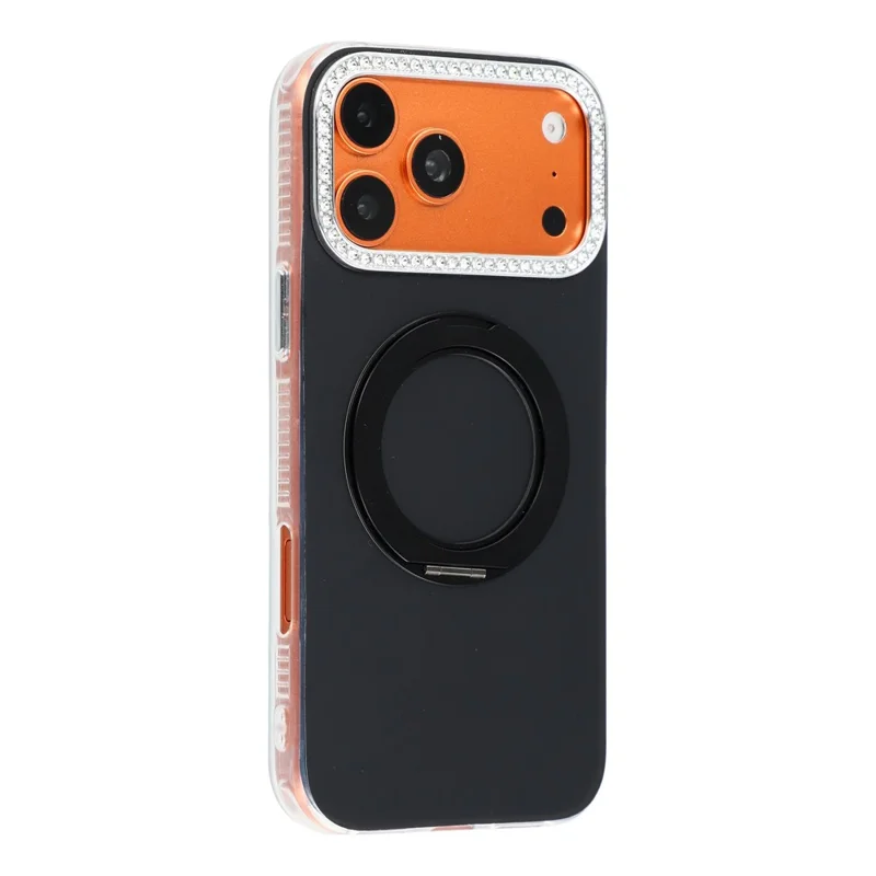 For iPhone 18 Pro Max  /  17 Pro Max Case Rotating Kickstand PC + TPU IMD Protective Cover with Rhinestones Camera Frame - Black