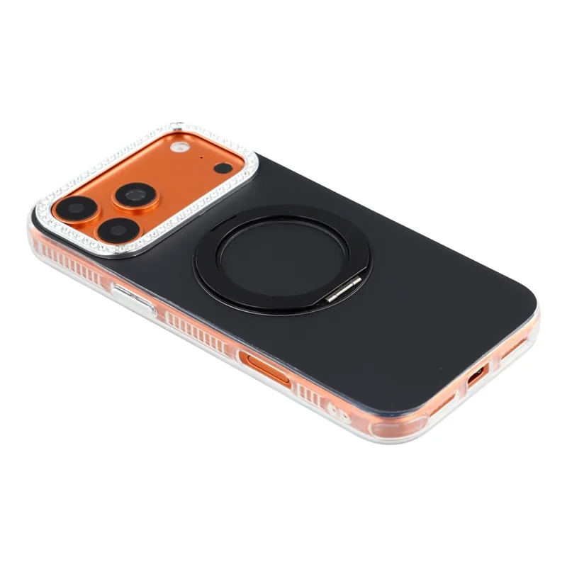 For iPhone 18 Pro Max  /  17 Pro Max Case Rotating Kickstand PC + TPU IMD Protective Cover with Rhinestones Camera Frame - Black