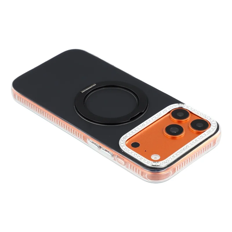 For iPhone 18 Pro Max  /  17 Pro Max Case Rotating Kickstand PC + TPU IMD Protective Cover with Rhinestones Camera Frame - Black