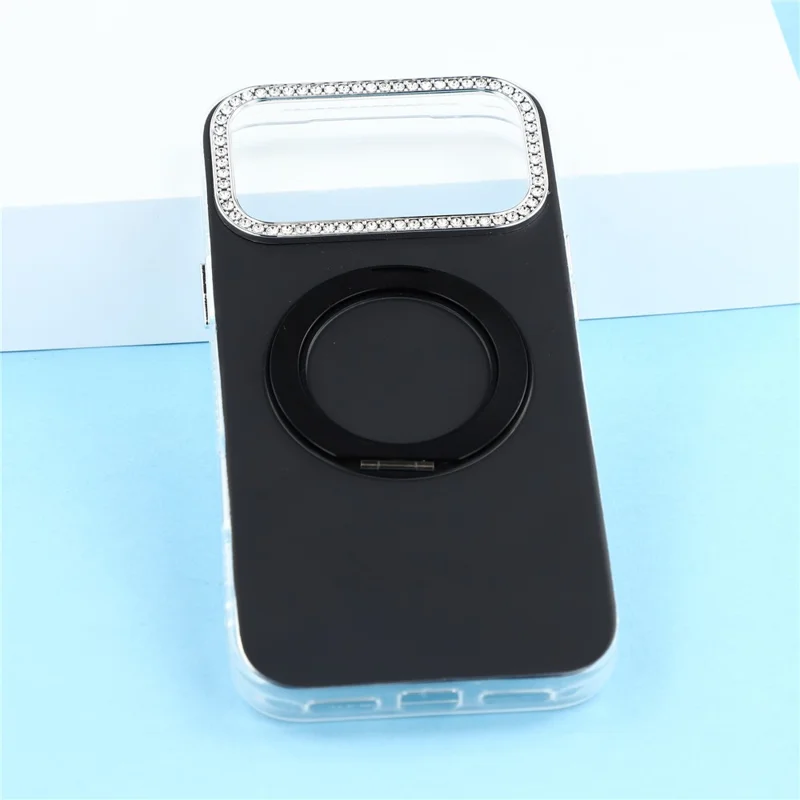 For iPhone 18 Pro Max  /  17 Pro Max Case Rotating Kickstand PC + TPU IMD Protective Cover with Rhinestones Camera Frame - Black