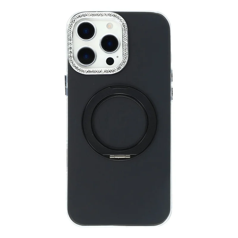 For iPhone 16 Pro Max Case Rotating Kickstand PC + TPU IMD Protective Cover with Rhinestones Camera Frame - Black