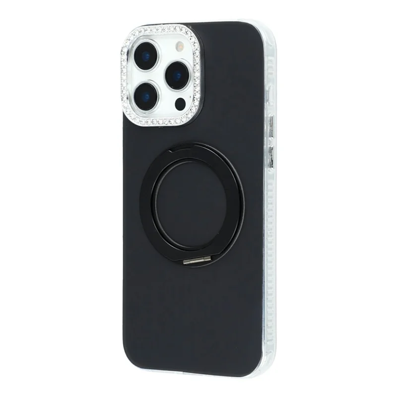 For iPhone 16 Pro Max Case Rotating Kickstand PC + TPU IMD Protective Cover with Rhinestones Camera Frame - Black