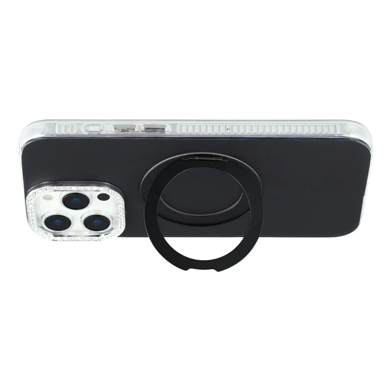 For iPhone 16 Pro Max Case Rotating Kickstand PC + TPU IMD Protective Cover with Rhinestones Camera Frame - Black