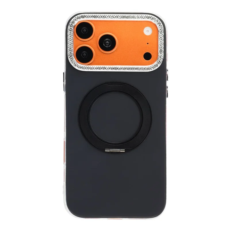 For iPhone 18 Pro  /  17 Pro Case Rotating Kickstand PC + TPU IMD Protective Cover with Rhinestones Camera Frame - Black